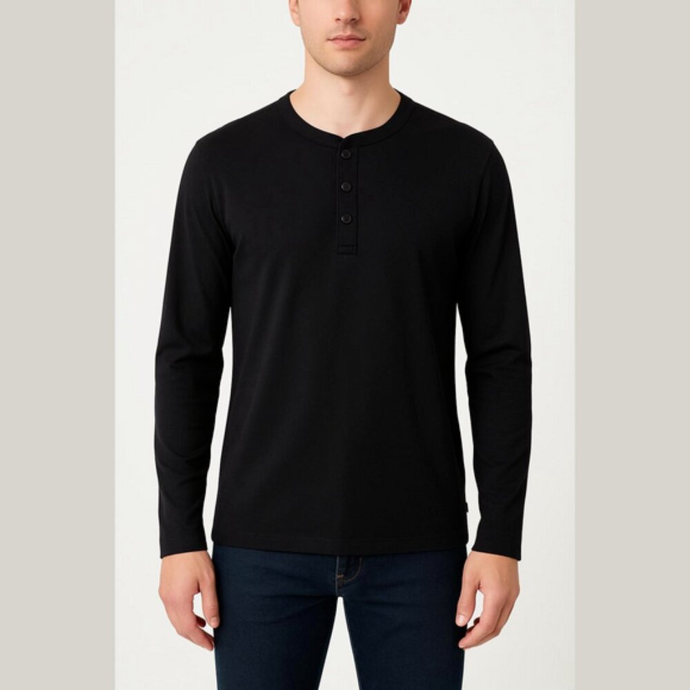 J   Lindeberg New Atlas Long Sleeve Cotton Henley in Black Size Medium